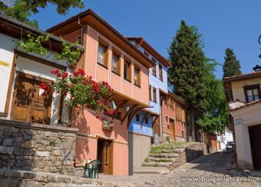 Colorful houses in the old town of Plovdiv, Bulgaria. A vibrant display of architecture in a historic setting.