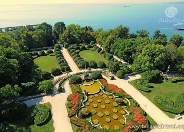 Aerial view of garden with fountain and trees.